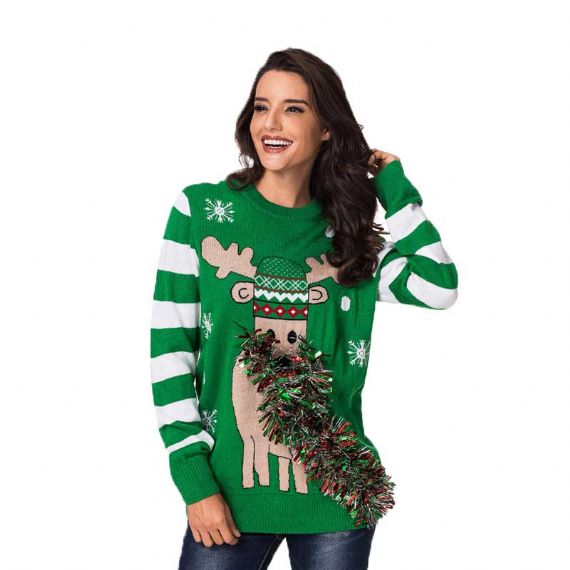 Suéter navideño feo de estilo británico con cuello redondo verde Patrón de alce animal