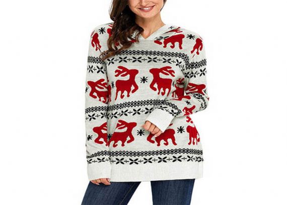 Sudadera con capucha de punto para mujer, suéter navideño feo, cuello redondo, para invierno cálido