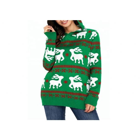 Knitted Hoodie Women Ugly Christmas Sweater Round Neck For Winter Warm