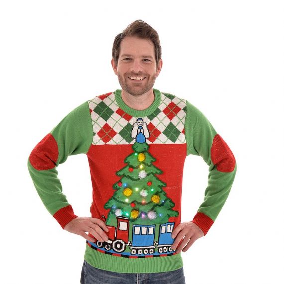 Train Pine Crew Neck Mens Light Up Ugly Christmas Sweater