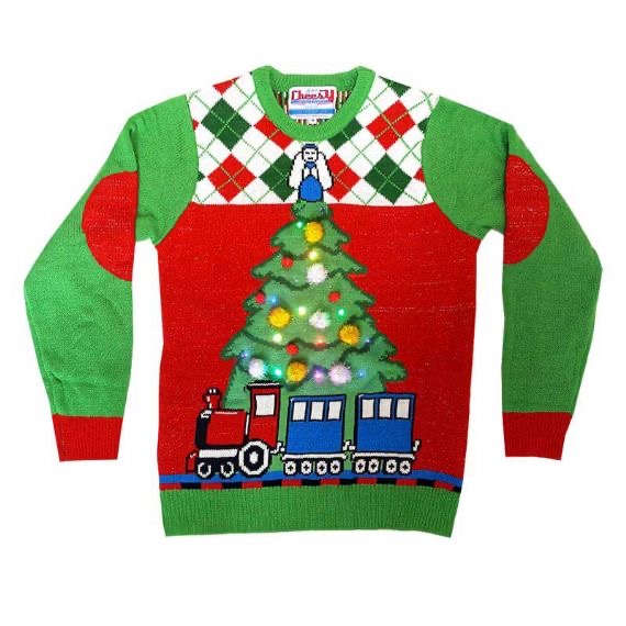 Train Pine Crew Neck Mens Light Up Ugly Christmas Sweater
