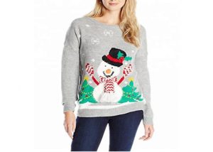 Women Cute Sweater Pullover Ugly Grey Christmas Funny Snowman Pattern