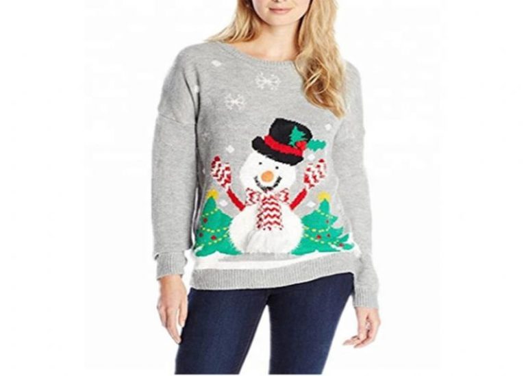 Suéter feminino bonito pulôver cinza feio Natal boneco de neve engraçado padrão