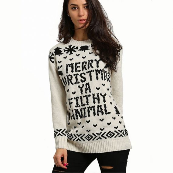 Suéter de Navidad feo blanco con patrones de punto 12 GG para mujer