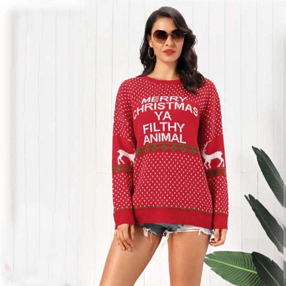 Suéter de Navidad feo blanco con patrones de punto 12 GG para mujer