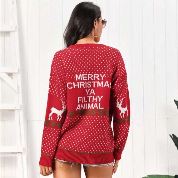 Suéter de Navidad feo blanco con patrones de punto 12 GG para mujer