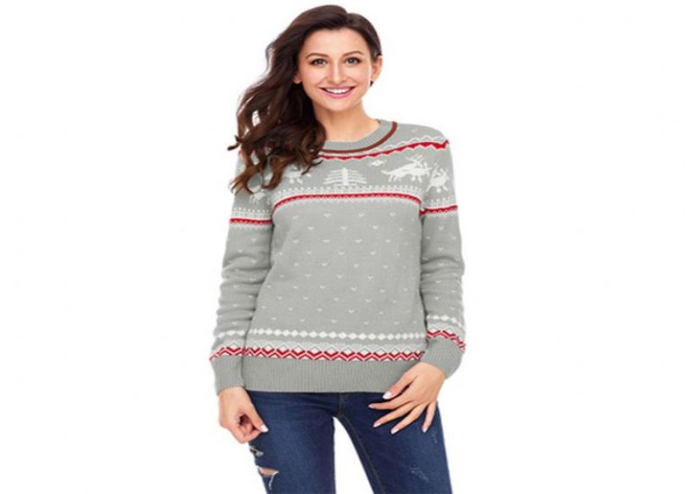 Suéter feminino plus size feio de natal gola redonda manga longa suéter pulôver feminino