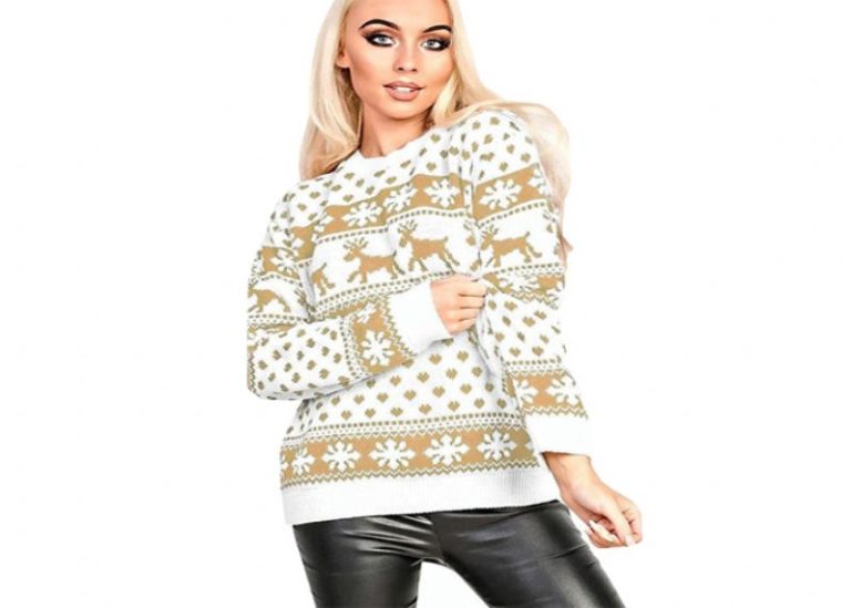 Suéter feminino de Natal com estampas de floco de neve de rena