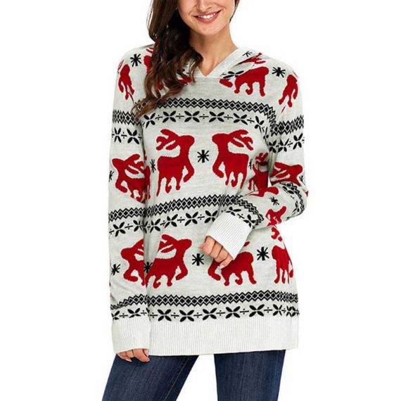 Suéter con capucha de reno navideño negro feo de talla grande para mujer con sombrero