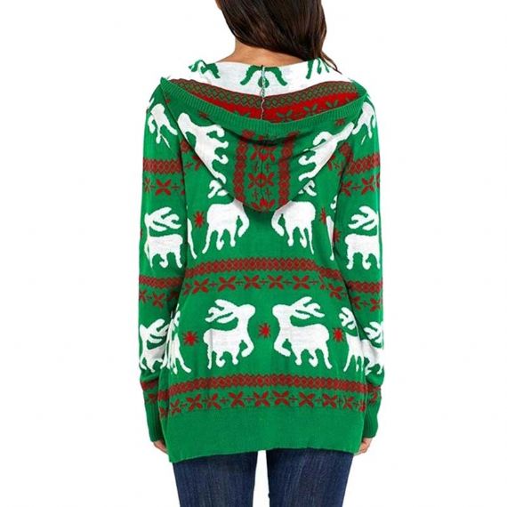 Suéter con capucha de reno navideño negro feo de talla grande para mujer con sombrero