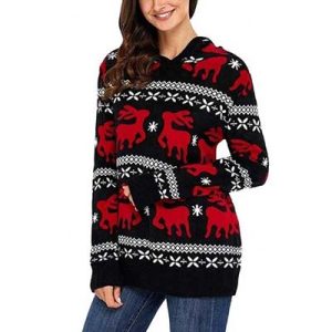 Women's Plus Size Ugly Black Christmas Reindeer Sweater Hoodie With Hat