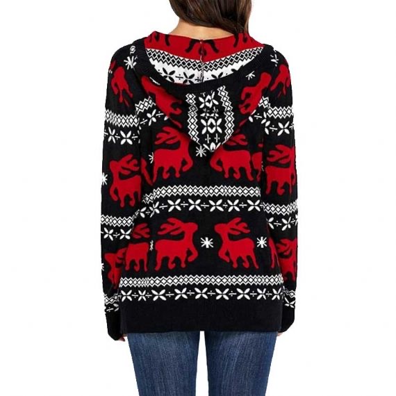 Suéter con capucha de reno navideño negro feo de talla grande para mujer con sombrero