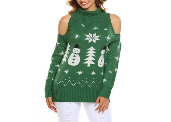 Suéter feo navideño con cuello alto y hombros descubiertos rojo verde negro para mujer