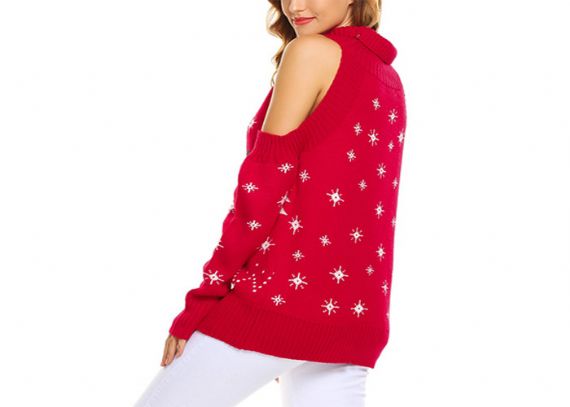 Suéter feo navideño con cuello alto y hombros descubiertos rojo verde negro para mujer