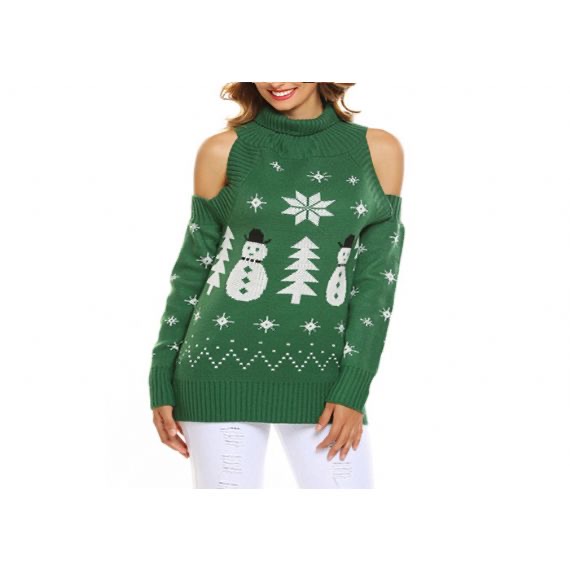Suéter feo navideño con cuello alto y hombros descubiertos rojo verde negro para mujer