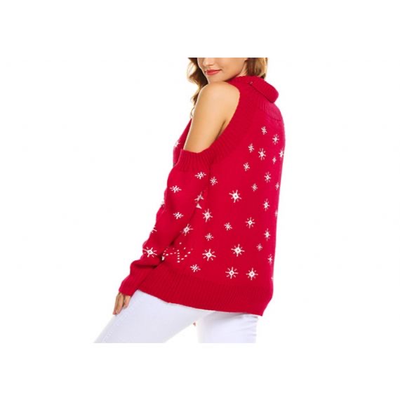 Suéter feo navideño con cuello alto y hombros descubiertos rojo verde negro para mujer