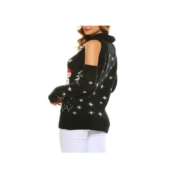 Suéter feo navideño con cuello alto y hombros descubiertos rojo verde negro para mujer