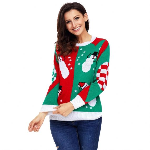 Suéter de tricô vermelho engraçado e feio de boneco de neve de Natal para mulheres