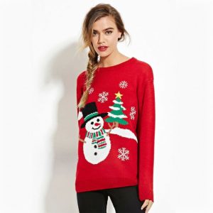 Snowman Santa Red Black Knitted Pattern Ugly Christmas Sweater Jumper