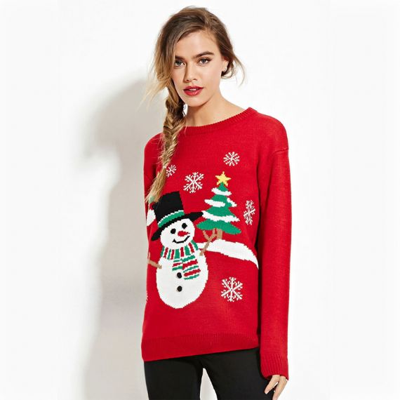 Snowman Santa Red Black Knitted Pattern Ugly Christmas Sweater Jumper