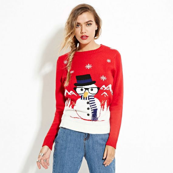 Suéter navideño feo con estampado de punto rojo y negro de muñeco de nieve Papá Noel