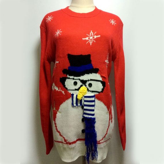 Suéter navideño feo con estampado de punto rojo y negro de muñeco de nieve Papá Noel