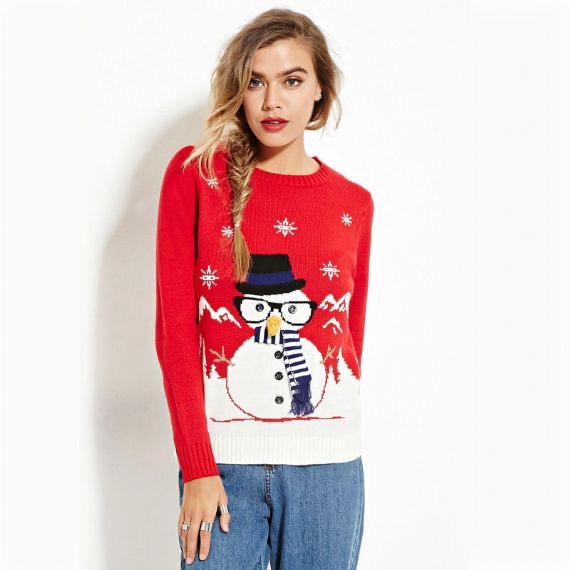 Suéter navideño feo con estampado de punto rojo y negro de muñeco de nieve Papá Noel