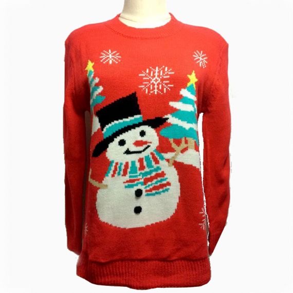 Suéter navideño feo con estampado de punto rojo y negro de muñeco de nieve Papá Noel