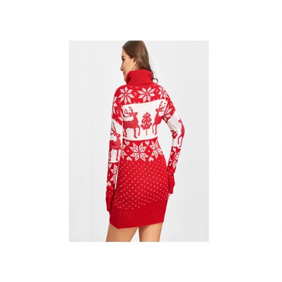 Vestido de suéter navideño de manga larga con cuello de tortuga rojo de talla grande para niña