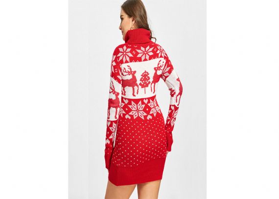 Vestido de suéter navideño de manga larga con cuello de tortuga rojo de talla grande para niña