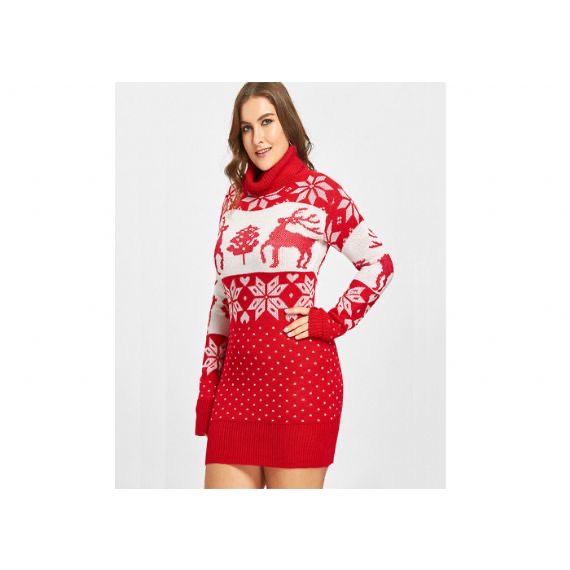 Vestido de suéter navideño de manga larga con cuello de tortuga rojo de talla grande para niña