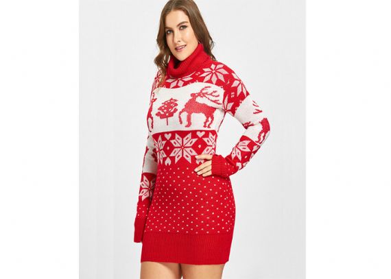 Vestido de suéter navideño de manga larga con cuello de tortuga rojo de talla grande para niña