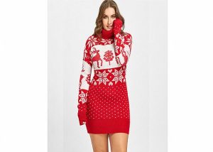 Plus Size Red Turtle Neck Long Sleeve Christmas Sweater Dress For Girl