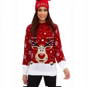 Woman Funny Christmas Moose Patterned Round Neck Sweater Pullover Style
