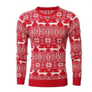 Custom 12gg Jacquard Ugly Reindeer Mens Red Christmas Sweater
