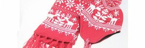 Warm Scarf Hat Gloves Gift Set , Kids Winter Accessories Red Elf Reindeer Pattern