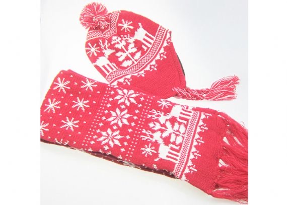 Conjunto de presente de luvas com cachecol quente, acessórios de inverno para crianças, padrão de renas de elfo vermelho