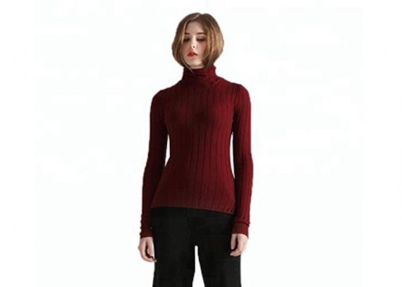 Jersey de punto de punto rojo y gris acogedor jersey de cuello alto jersey ajustado de lana