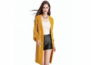 Winter Cable Cozy Knit Sweater Yellow Thick Open Front Cardigan For Woman