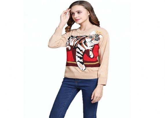 Nuevos patrones de tejido de tigre de lana de intarsia para mujer de suéter de lana de diseño para otoño