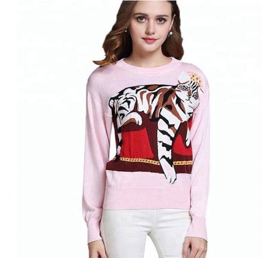Nuevos patrones de tejido de tigre de lana de intarsia para mujer de suéter de lana de diseño para otoño