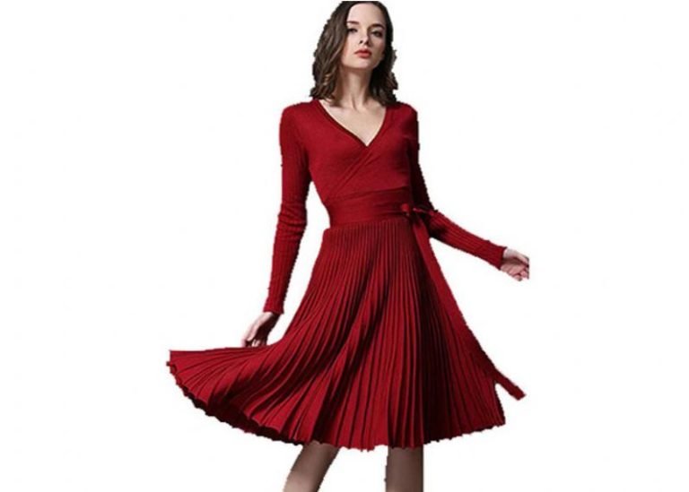 Elegant V Neck Ladies Sweater Dress Long Sleeves Mercerized Cotton Material
