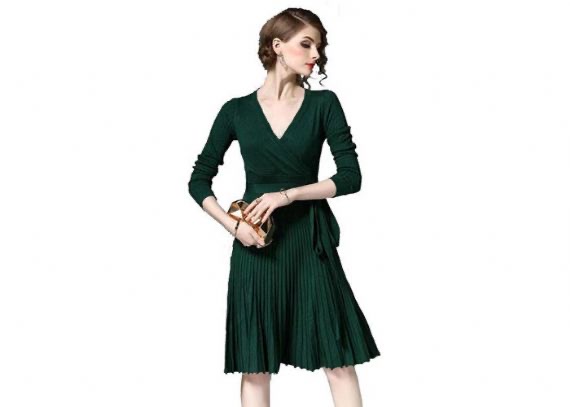 Elegant V Neck Ladies Sweater Dress Long Sleeves Mercerized Cotton Material