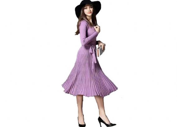 Elegant V Neck Ladies Sweater Dress Long Sleeves Mercerized Cotton Material