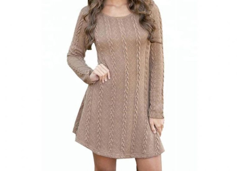 Long Women Round Neck Hollowed – Out Pullover Cable Knit Sweater Dress