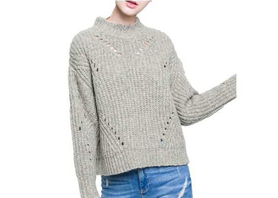 Suéter de punto suelto con cuello redondo y diseño hueco para mujer