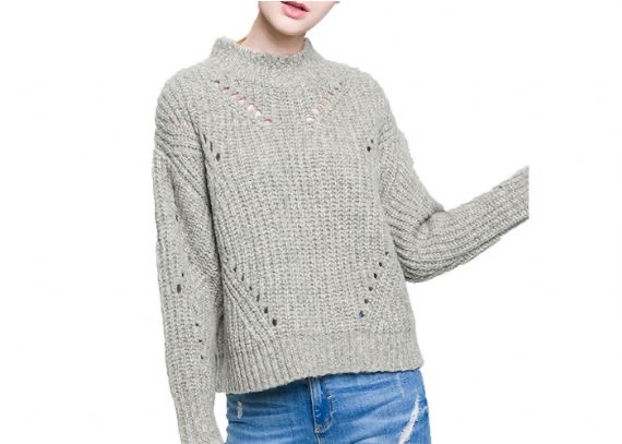 Suéter de punto suelto con cuello redondo y diseño hueco para mujer