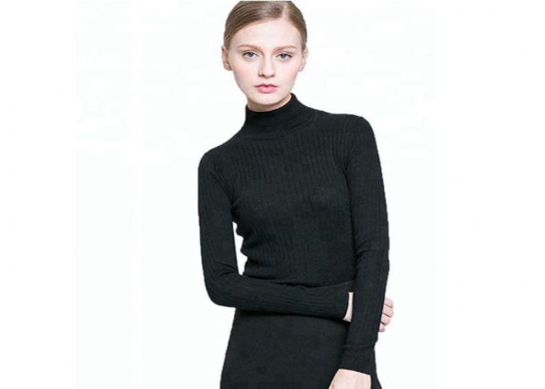 British Style Turtle Neck Jumper Womens , Black Pullover Sweater Anti Static