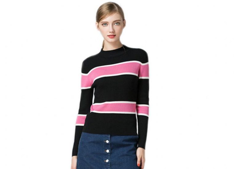 Rib Long Sleeve Womens Knit Sweater Round Neck Stripe Knitted Pullover Style