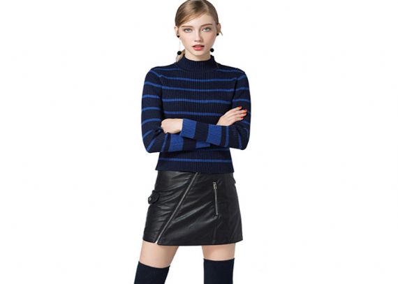 Suéter de punto para mujer de manga larga con costilla, cuello redondo, estilo de jersey de punto a rayas